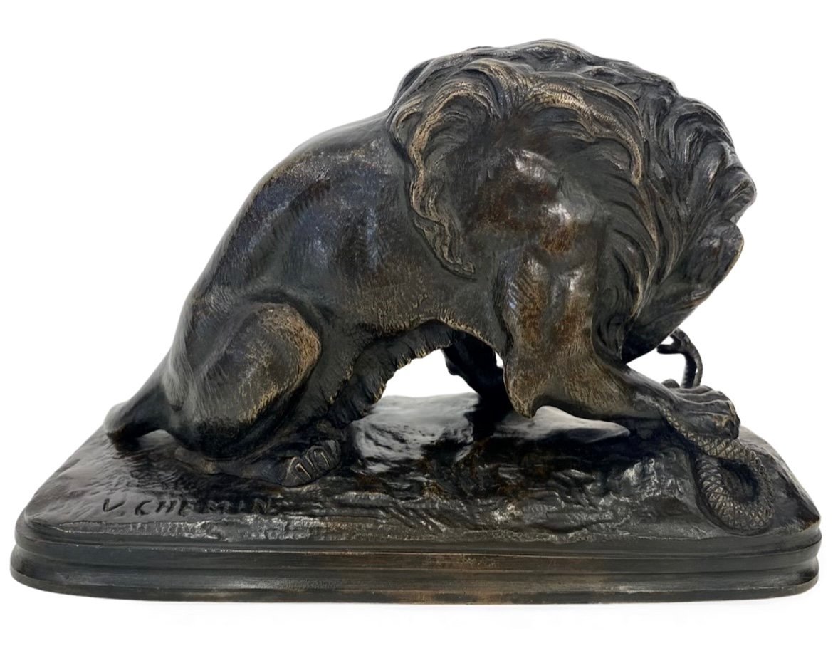 Sculpture - Lion With Serpent By Victor Chemin (1825-1901) - Bronze-photo-2