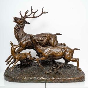 Sculpture - Groupe En Bronze , Famille De Cervidés Par Clovis - Edmond Masson (1838-1913)