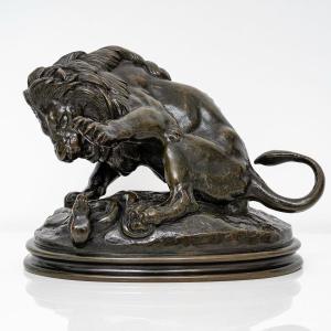Sculpture - Lion With Serpent , Antoine - Louis Barye (1795-1875) - Bronze