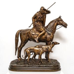 Sculpture - Arabian Horseman With Two Greyhounds , Alfred Dubucand (1828-1894) - Bronze XIXth Century