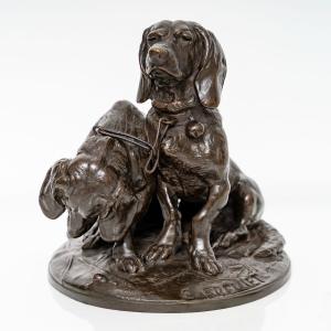 Group Of Bassets In Bronze , "ravageot And Ravageode" , Emmanuel Fremiet (1824 -1910)