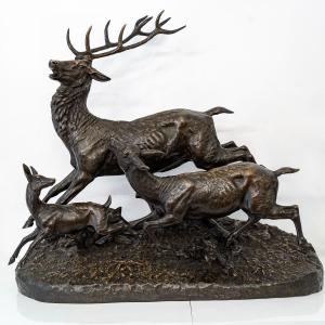 Sculpture - Bronze Group , Deer Family By Clovis - Edmond Masson (1838-1913)