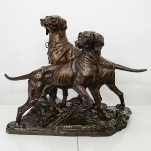 Bronze Group Of Two Hunting Dogs By Edouard Drouot (1859-1945)