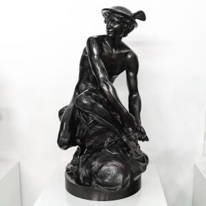 Sculpture – Mercure Attachant Ses Talonnières , Jean – Baptiste Pigalle (1714-1785) – Bronze