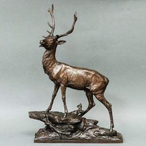 Sculpture - Deer On A Mound , Edouard Drouot (1859-1945) - Bronze