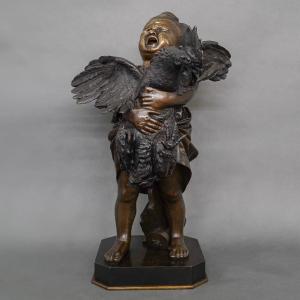 Sculpture - L' Enfant Au Coq , Adriano CECIONI (1838-1886) - Bronze