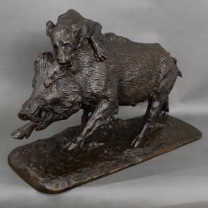 Sculpture - Wild Boar Attacked By A Dog , Isidore Jules Bonheur (1827-1901) - Bronze