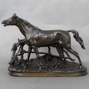 Sculpture - Cheval À La Barrière " Djinn Étalon Barbe ", Pierre-Jules Mêne (1810-1879) - Bronze