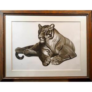 Lithograph " Lying Tiger ", Georges Lucien Guyot (1885-1972)