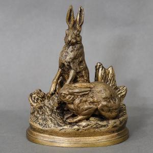 Sculpture - Couple De Lièvres , Alfred Dubucand (1828-1894) - Bronze