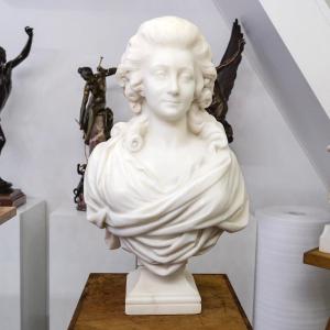 White Carrara Marble Bust " Madame Of Pompadour ", Guglielmo Pugi (1850-1915) 