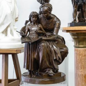 Sculpture - "maternal Education" , Eugene Delaplanche (1836-1891) - Bronze