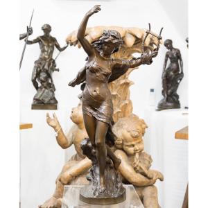 Sculpture - Élégante À La Lyre , Mathurin Moreau (1822-1912) - Bronze