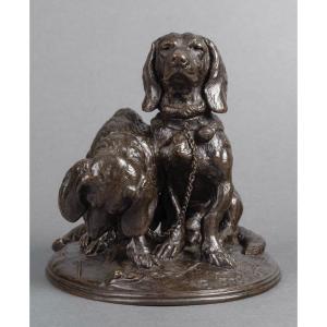 Sculpture -Groupe De Bassets , Ravageot Et Ravageode , Emmanuel Frémiet (1824 -1910) - Bronze