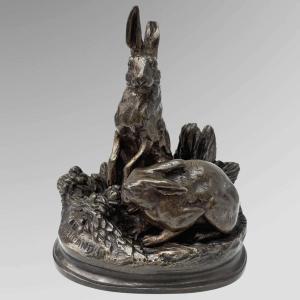 Sculpture - Couple De Lièvres , par Alfred Dubucand (1828-1894) - Bronze