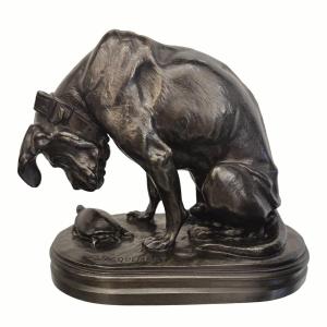 Sculpture - Chien À La Tortue , Henri Alfred Jacquemart (1824-1894) - Bronze 