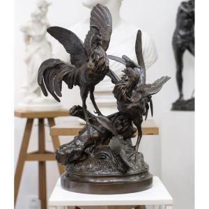 Sculpture - Le Combat de Coqs , Auguste Lechesne (1815-1888) - Bronze 
