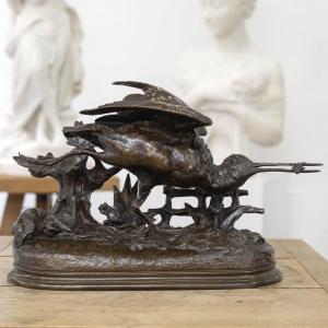 SCULPTURE - BÉCASSE PÊCHANT UN POISSON , JULES MOIGNIEZ (1835-1894) - BRONZE