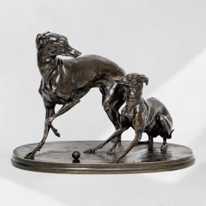 Bronze Group " Two Greyhounds Playing Boules " , Pierre - Jules Mene (1810-1879)