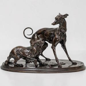 SCULPTURE - GROUPE "LÉVRIER ET KING - CHARLES" , PIERRE - JULES MÊNE (1810-1879) - BRONZE