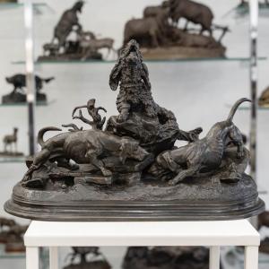 Sculpture - The Three Dogs At The Burrow , Jules Moigniez (1835–1894) - Bronze