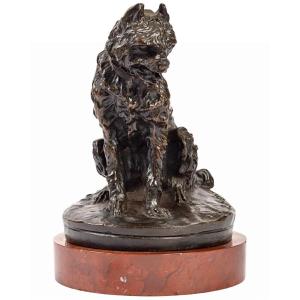 Sculpture - Chien Griffon Assis Par Pierre-jules Mène (1810-1879) - Bronze