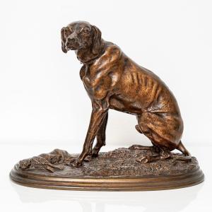 Sculpture - Chien Braque Gardant Un Lapin Par Pierre - Jules Mêne ( 1810-1879) - Bronze XIXème 