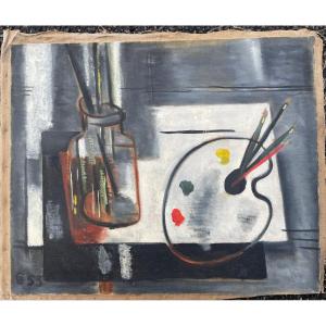 Guy Feinstein Oil On Canvas Still Life With Palette And Brushes Signed And Dated 53