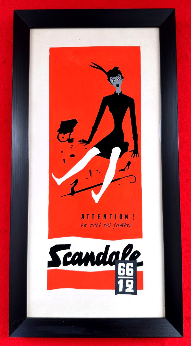 "Jean JACQUELIN, Gouache Maquette originale pour les Bas SCANDALE"
