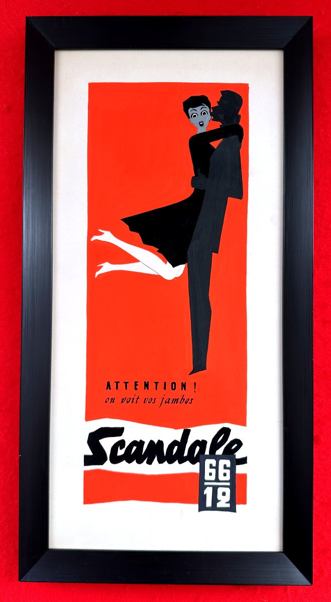 "Jean JACQUELIN, Gouache Maquette originale pour les Bas SCANDALE"