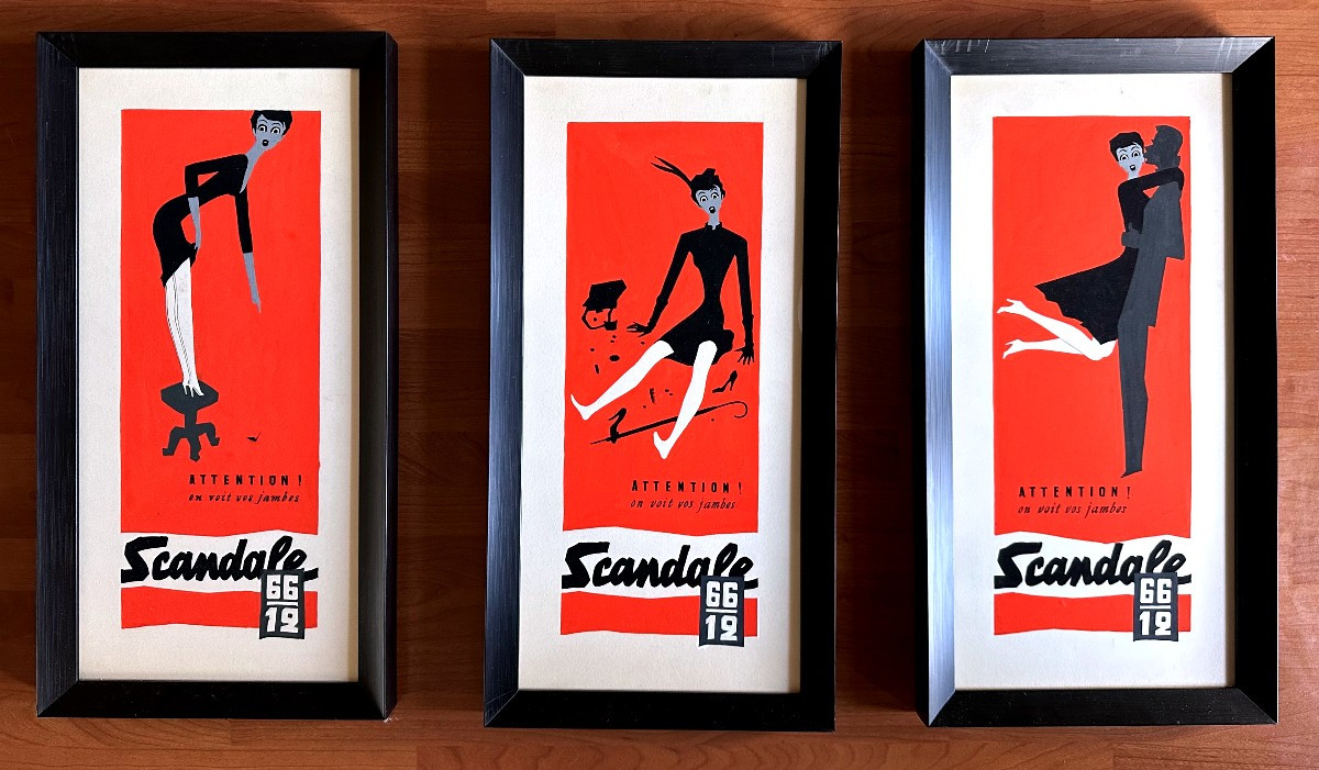 "Jean JACQUELIN, Trois Gouaches, Maquettes originales pour les Bas SCANDALE"