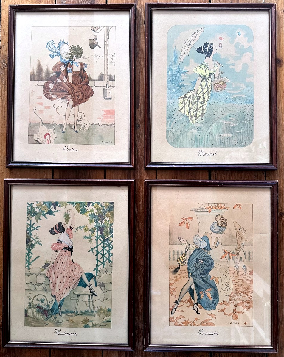 "durieux, Four Watercolors, Ventôse, Prairial, Vendémiaire, Brumaire