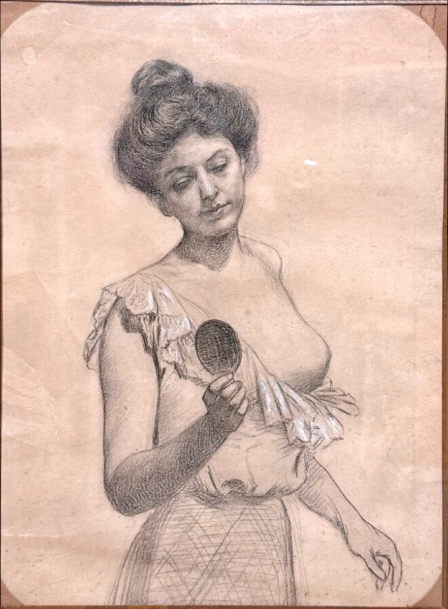 ECOLE FRANCAISE  de la fin du XIXème siècle, Jeune femme tenant un face à main-photo-3