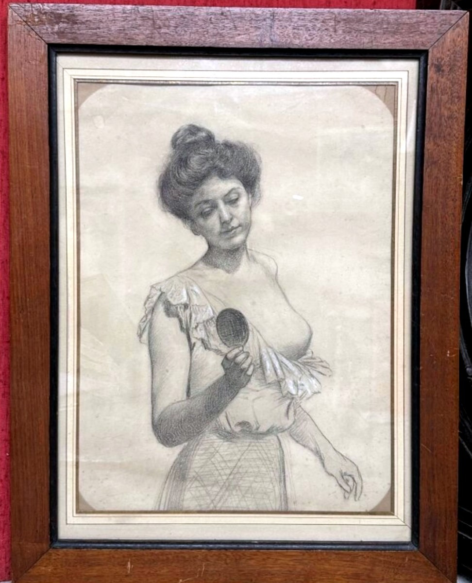 French School Of The End Of The 19th Century, Young Woman Holding A Face In Her Hand-photo-2