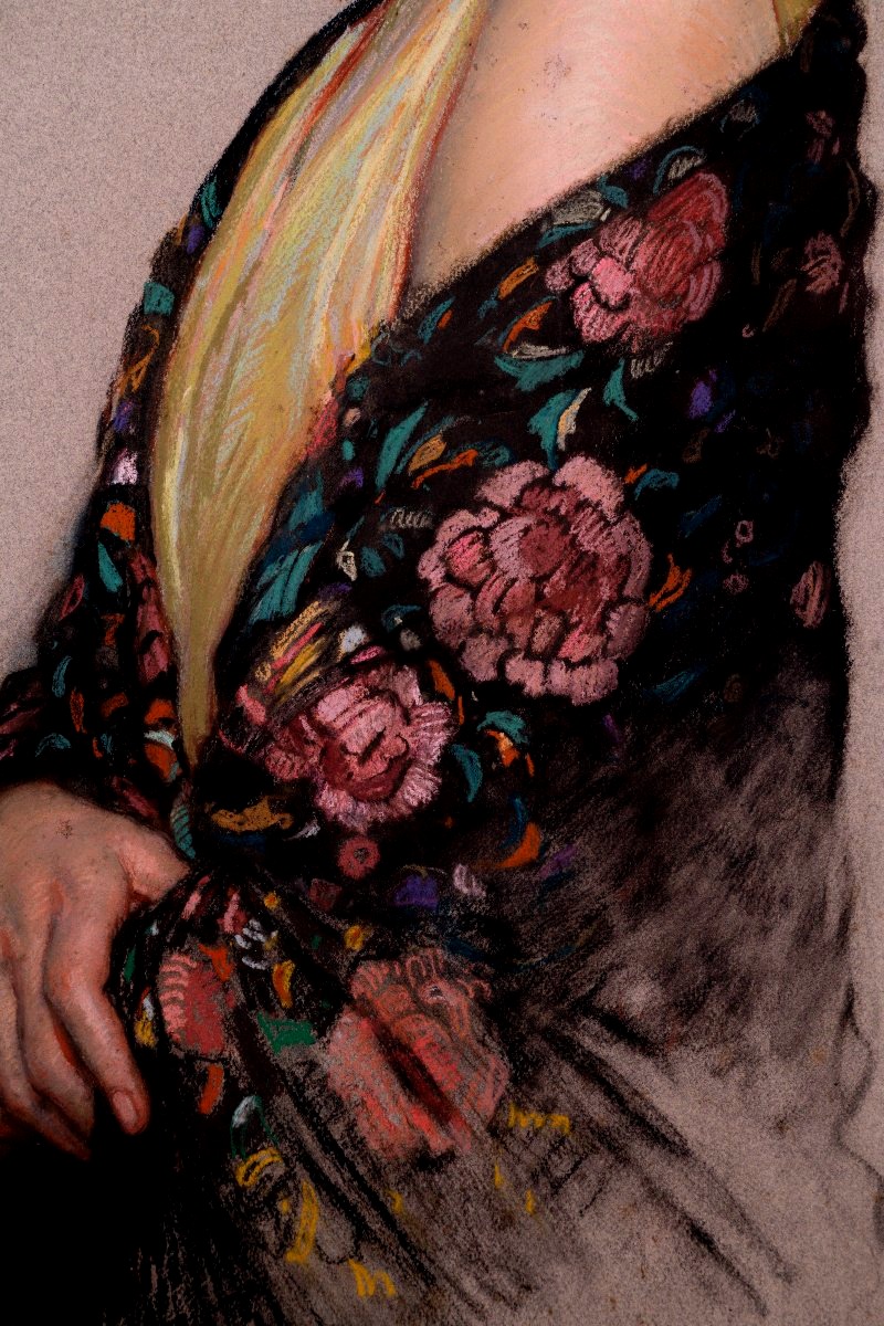 François-maurice Roganeau, Elégante à La Rose Et Au Châle, Portrait Of Mme Roganeau, 1930-photo-3