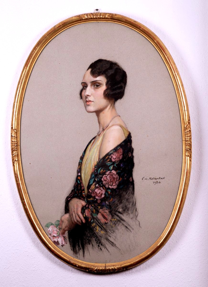 François-maurice Roganeau, Elégante à La Rose Et Au Châle, Portrait Of Mme Roganeau, 1930