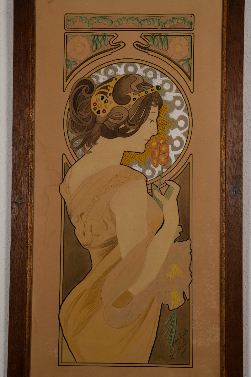 G. LAPORTE, Aquarelle "LA PRIMEVERE" d'après Alphons MUCHA-photo-2