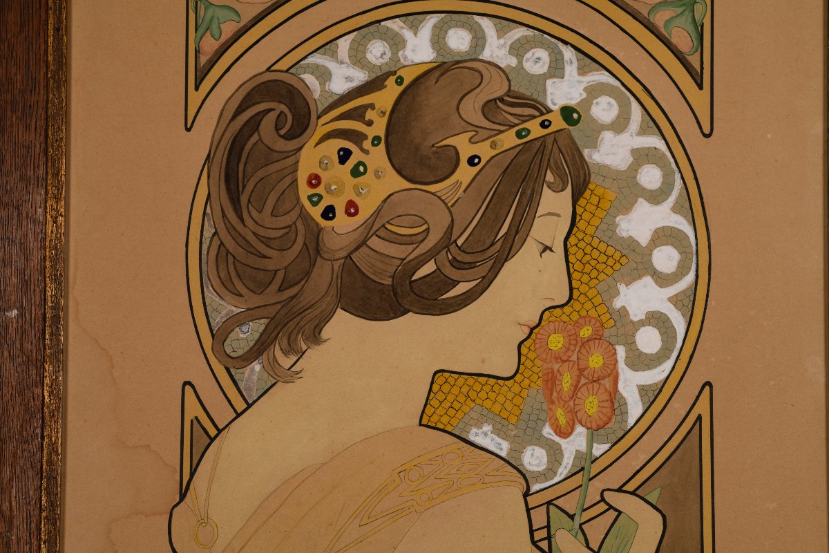 G. LAPORTE, Aquarelle "LA PRIMEVERE" d'après Alphons MUCHA-photo-3