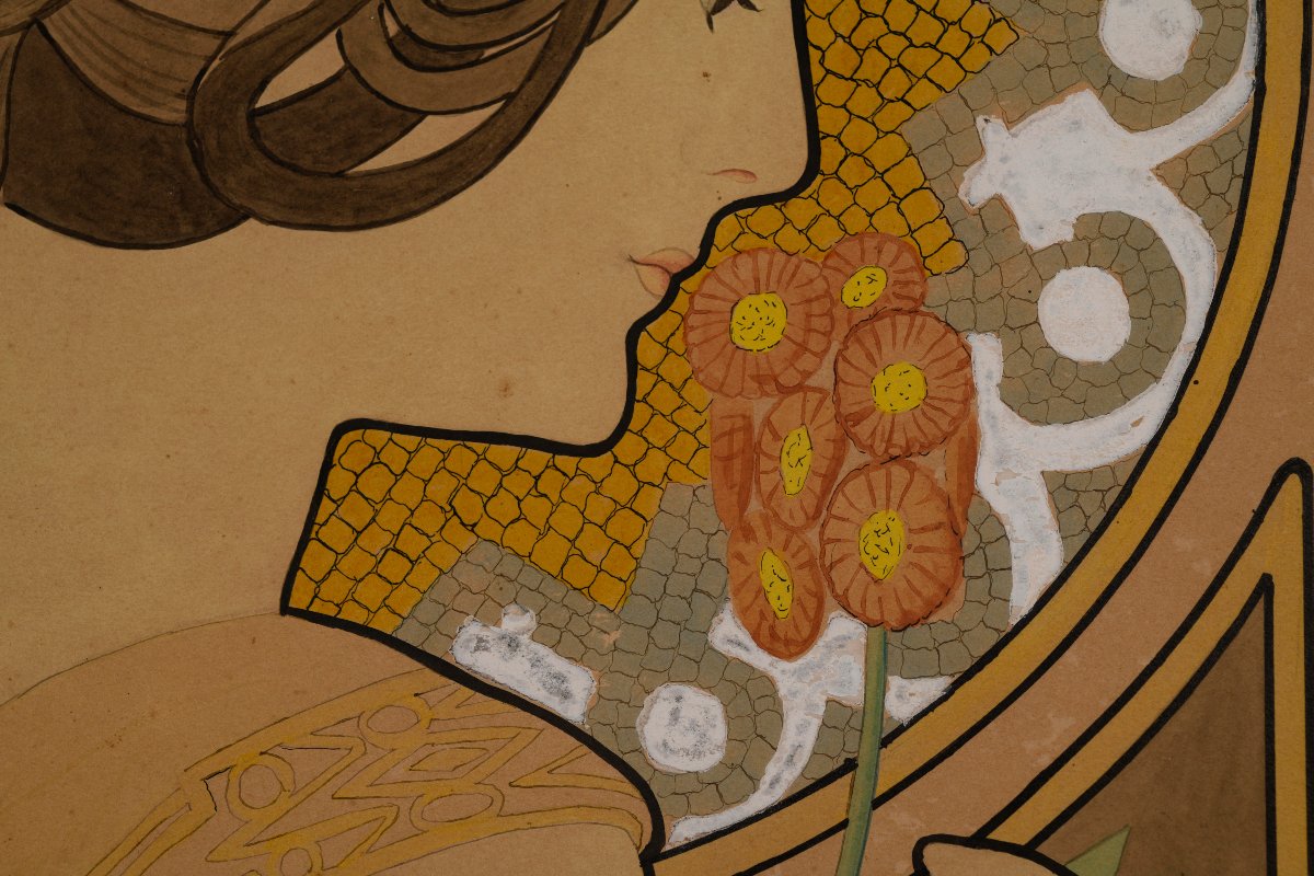 G. LAPORTE, Aquarelle "LA PRIMEVERE" d'après Alphons MUCHA-photo-1