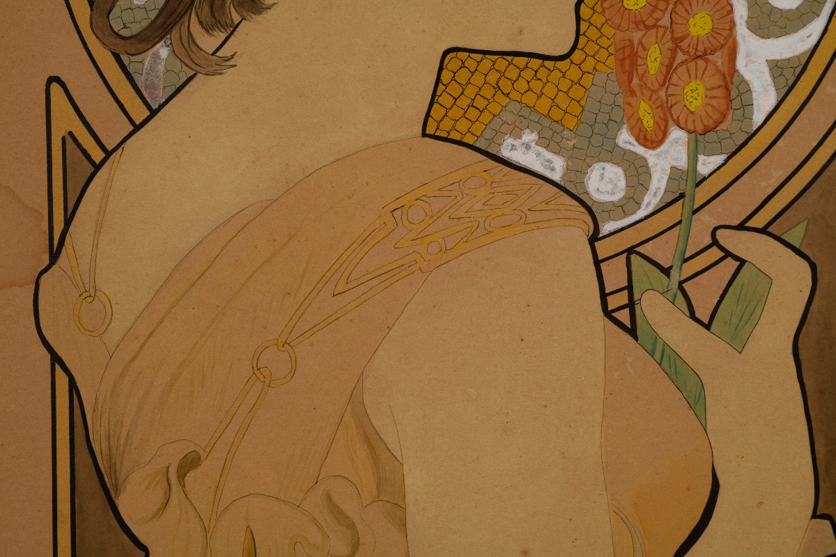 G. LAPORTE, Aquarelle "LA PRIMEVERE" d'après Alphons MUCHA-photo-2