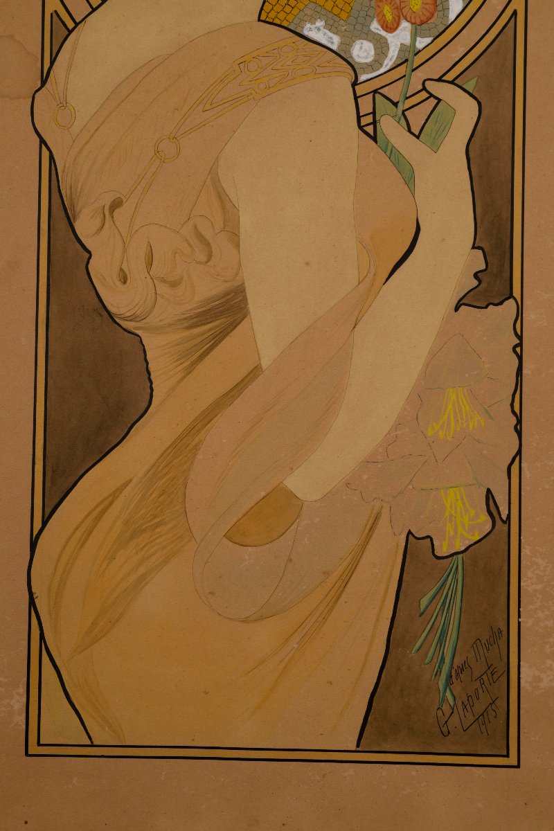 G. LAPORTE, Aquarelle "LA PRIMEVERE" d'après Alphons MUCHA-photo-3