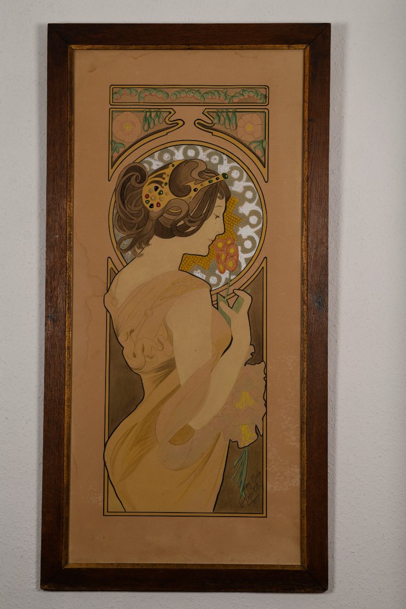 G. LAPORTE, Aquarelle "LA PRIMEVERE" d'après Alphons MUCHA