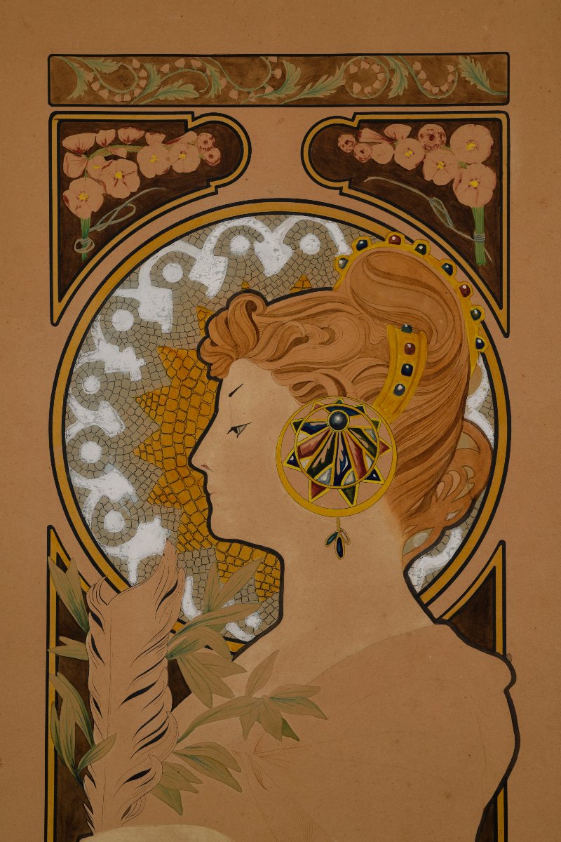 G. LAPORTE, Aquarelle "LA PLUME" d'après Alfons MUCHA-photo-2