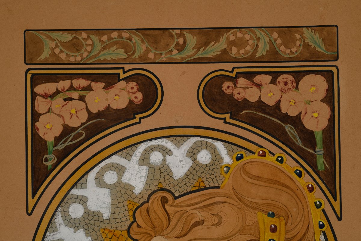 G. LAPORTE, Aquarelle "LA PLUME" d'après Alfons MUCHA-photo-4