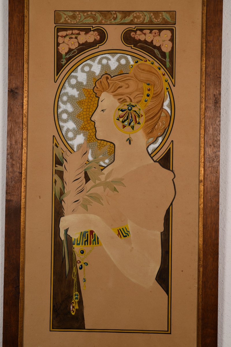 G. LAPORTE, Aquarelle "LA PLUME" d'après Alfons MUCHA-photo-1