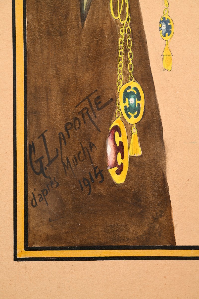 G. LAPORTE, Aquarelle "LA PLUME" d'après Alfons MUCHA-photo-3
