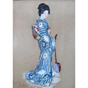 Ivana MARCHEGAY, Portrait de Geisha, Gouache, Tokyo, 1937