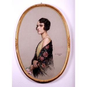 François-Maurice ROGANEAU, Elégante à la rose et au châle, Portrait de Mme Roganeau, 1930