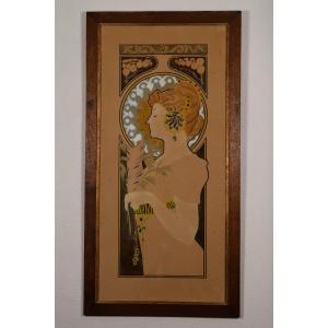 G. LAPORTE, Aquarelle "LA PLUME" d'après Alfons MUCHA