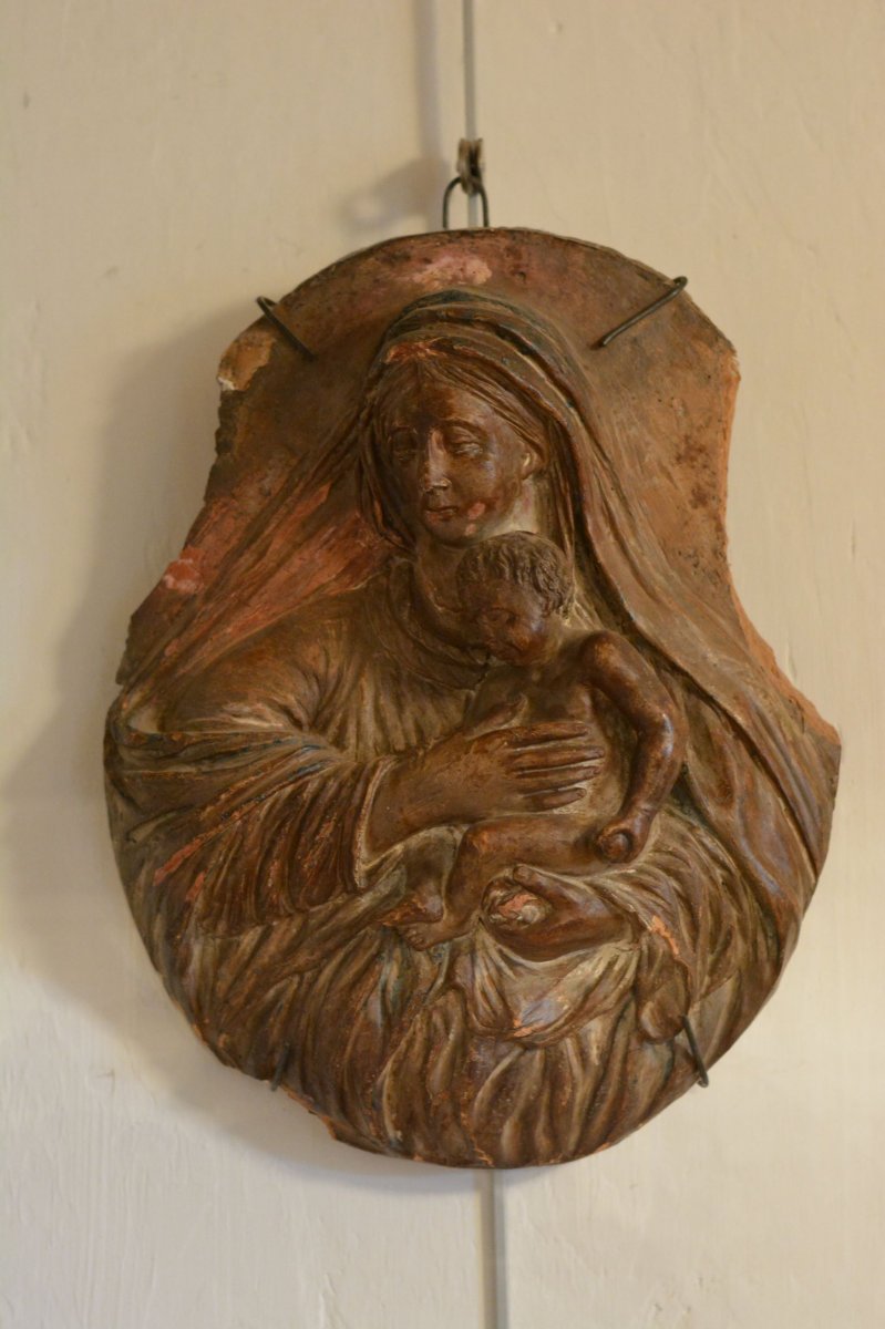 Tondo Figurant La Vierge Et l'Enfant En Relief,  En Terre Cuite, Italie,  XVII è Siècle.-photo-2